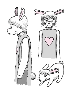 Three images of a rabbit-person, facing forward, profile, and in rabbit form.