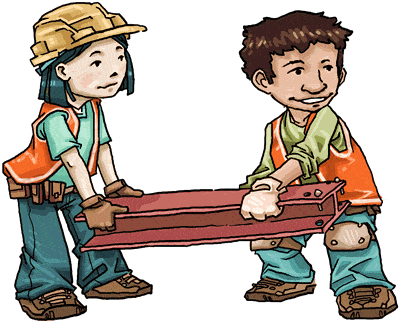 A cartoon of two kids in construction outfits, moving an i-beam.